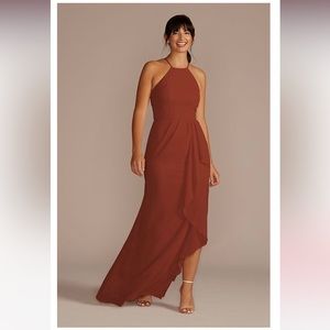 High neck chiffon dress in cinnamon